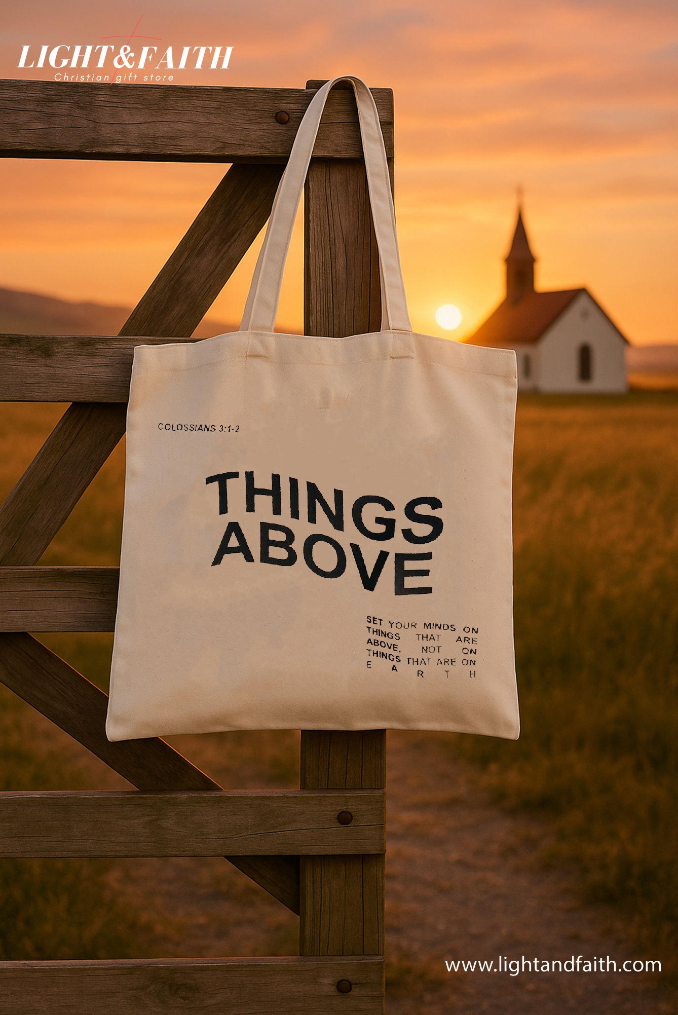 Christian Large Tote Bag – THINGS ABOVE Colossians 3:1-2 – Beige Canvas Tote – Bible Verse Christian Gift – Faith-Based Scripture Bag – Religious Gift for Women TBLAF07